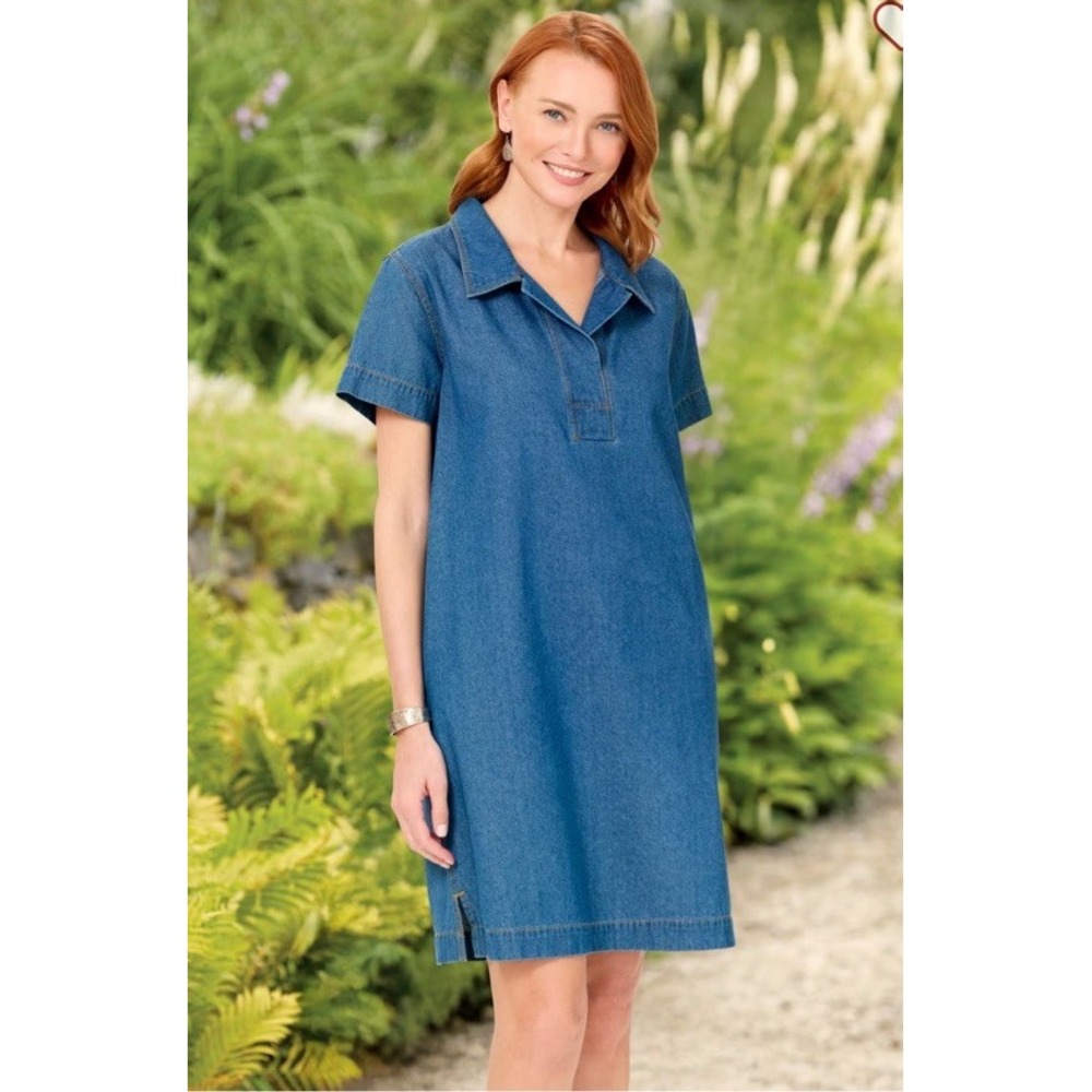 Vermont Country Store Denim‎ Short Sleeve Popover Dress Medium Collared Pockets